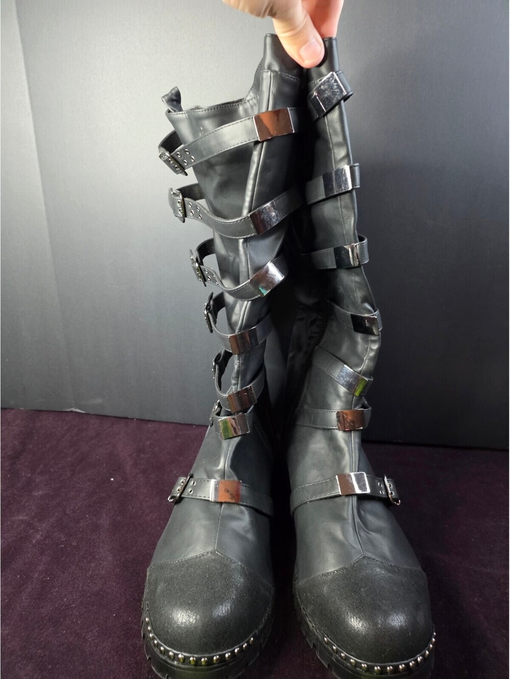Black Knee-High Buckled Combat Boots Size 7